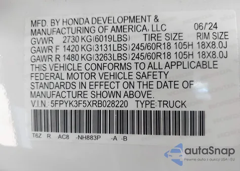 2024 Honda Ridgeline Rtl z USA, uszkodzony, nr VIN 5FPYK3F5XRB028220